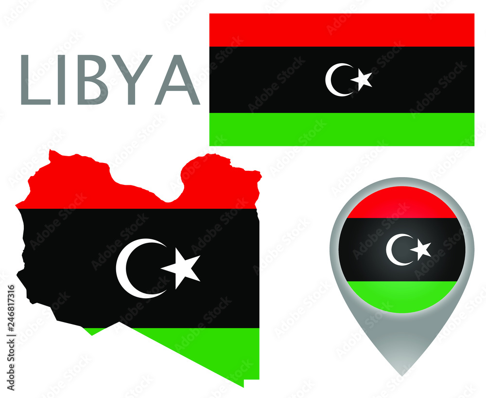 Colorful Flag Map Pointer And Map Of Libya In The Colors Of The Libyan