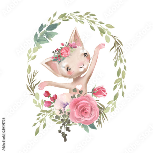 Cute girl baby kitten, cat with flowers, in a floral wreath, frame