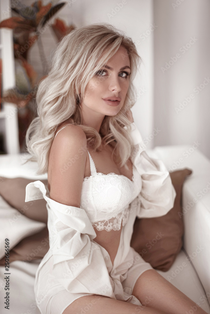 Sexy Blonde Bride Portrait In White Shirt And Lingerie Beautiful