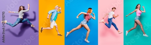 Full length body size view photo portrait collage of running sporty people in striped T-shirt overalls looking in front striving progress active life isolated on bright colorful different background
