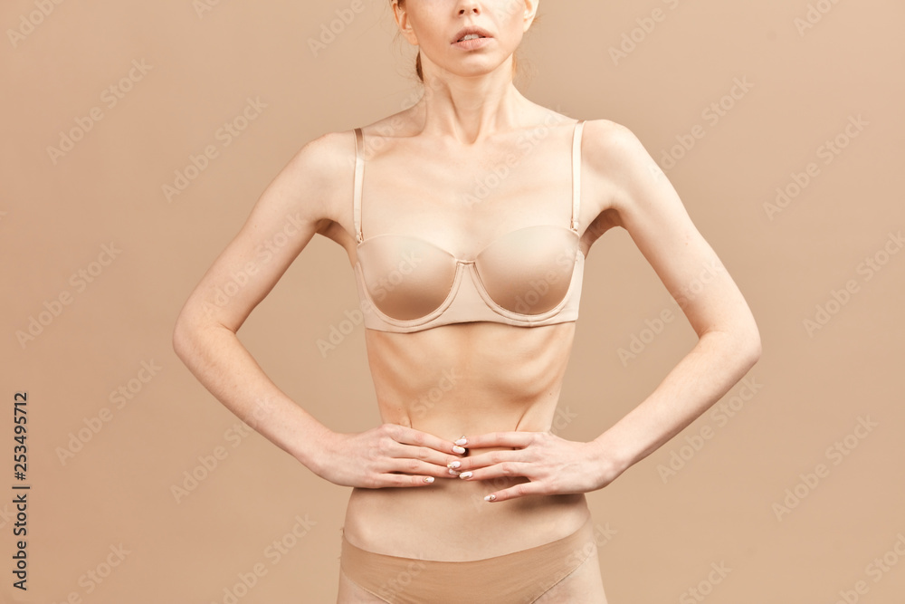 Unrecognizable Skinny Anorexic Woman Posing In Nude Underwear