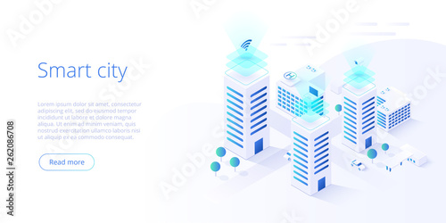 Smart city or intelligent building isometric vector concept. Building automation with computer networking illustration. Management system or BAS  background. IoT platform as future technology.