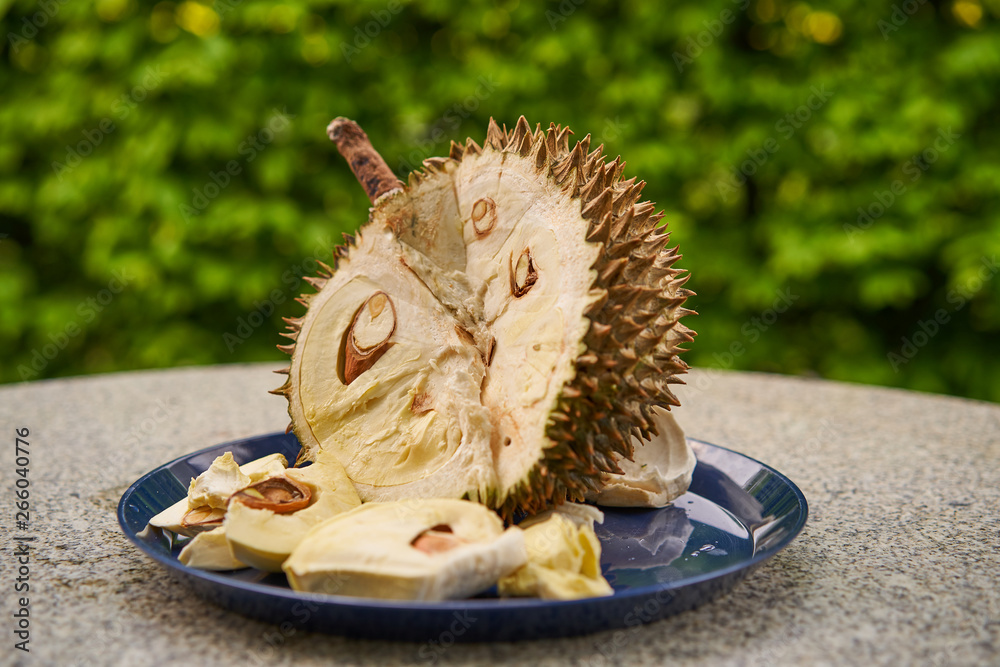 Chopped Riped Durian Fruit Durio Zibethinus On The Blue Platen And