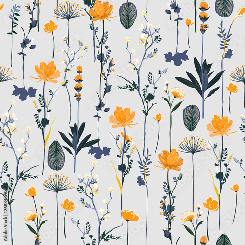 Seamless pattern vertical repeat in vector Soft and gentle botanical blooming garden flowers design