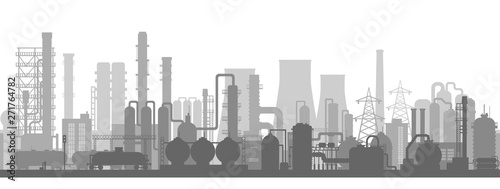 Stock vector illustration of an industrial zone with chemical factories, plants, ironworks, warehouses, enterprises. Background  in the flat style 