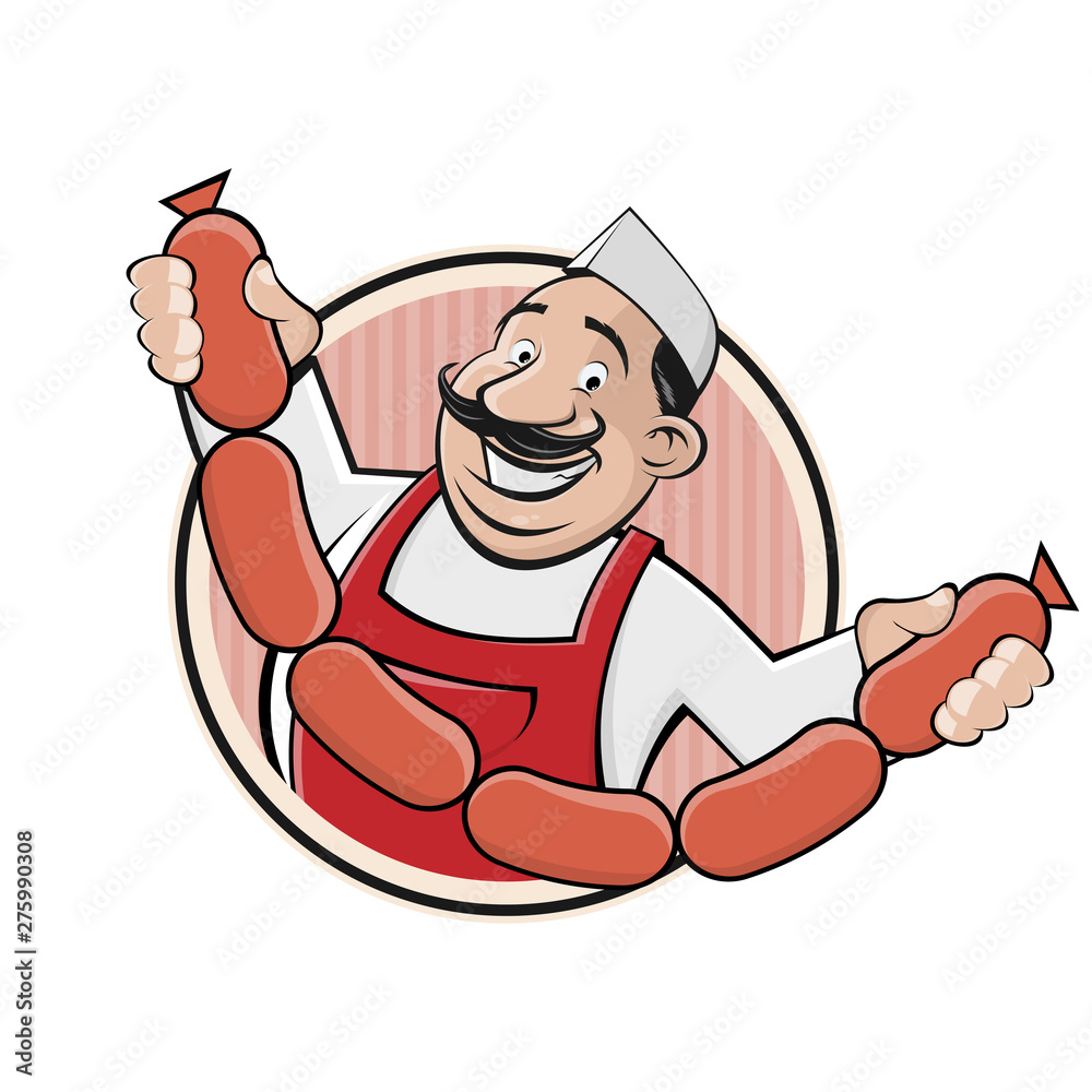 Funny Cartoon Sign Of A Butcher With Sausages Stock Vector Adobe Stock