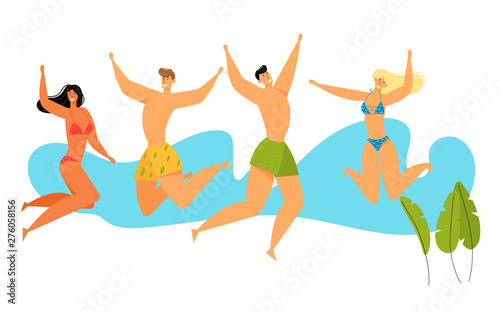 Beach Party Celebration. Group of Happy Young People Characters in Swim Wear Jumping with Hands Up, Summer Vacation, Fun Male and Female Rejoice Outdoors Activity. Cartoon Flat Vector Illustration
