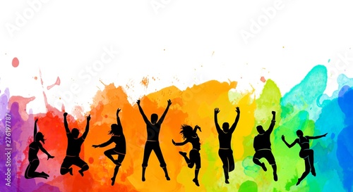 Colorful happy group people jump illustration silhouette. Cheerful man and woman isolated. Jumping fun friends background. Expressive dance dancing, jazz, funk, hip-hop holy