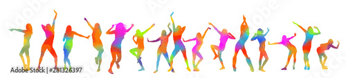 The silhouette of dancing girls is multicolored. Vector
