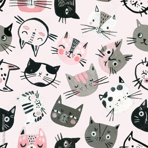Cartoon watercolor cats seamless pattern in pastel colors. Cute kitten faces background for kids design.