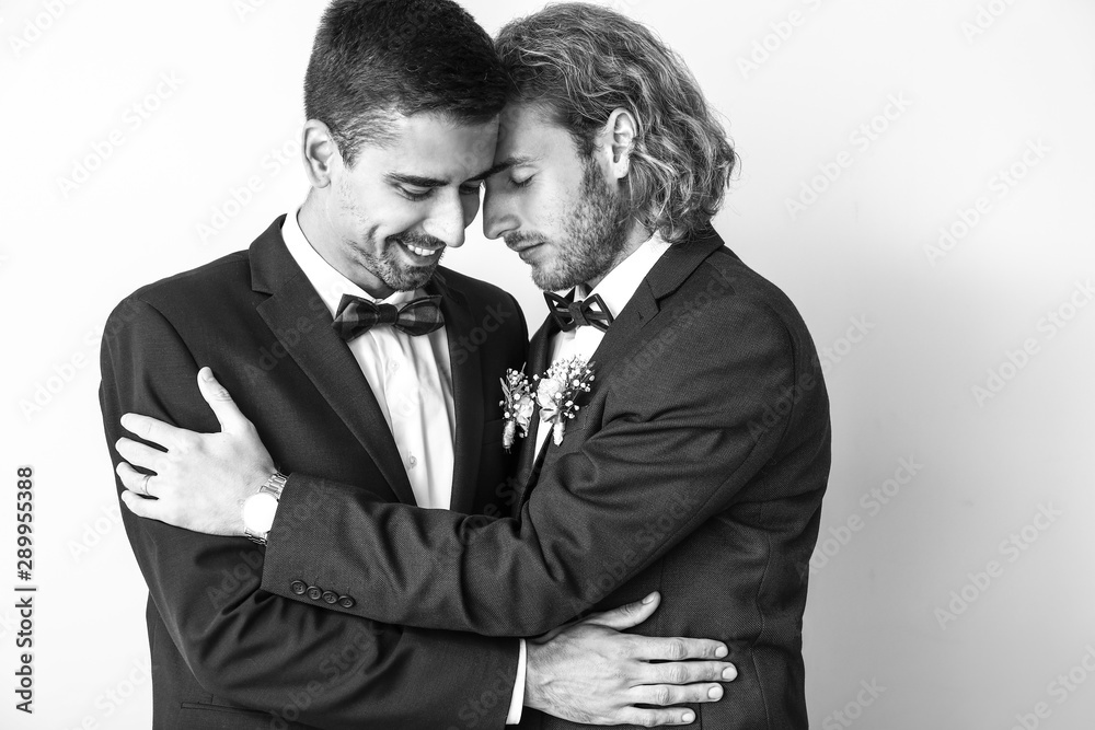 Black And White Portrait Of Happy Gay Couple On Their Wedding Day Stock Photo Adobe Stock
