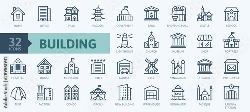 Building minimal thin line web icon set. Outline icons collection. Simple vector illustration.