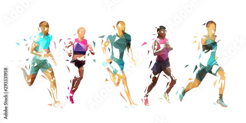 Run, group of running people, low poly vector illustration. Geometric runners
