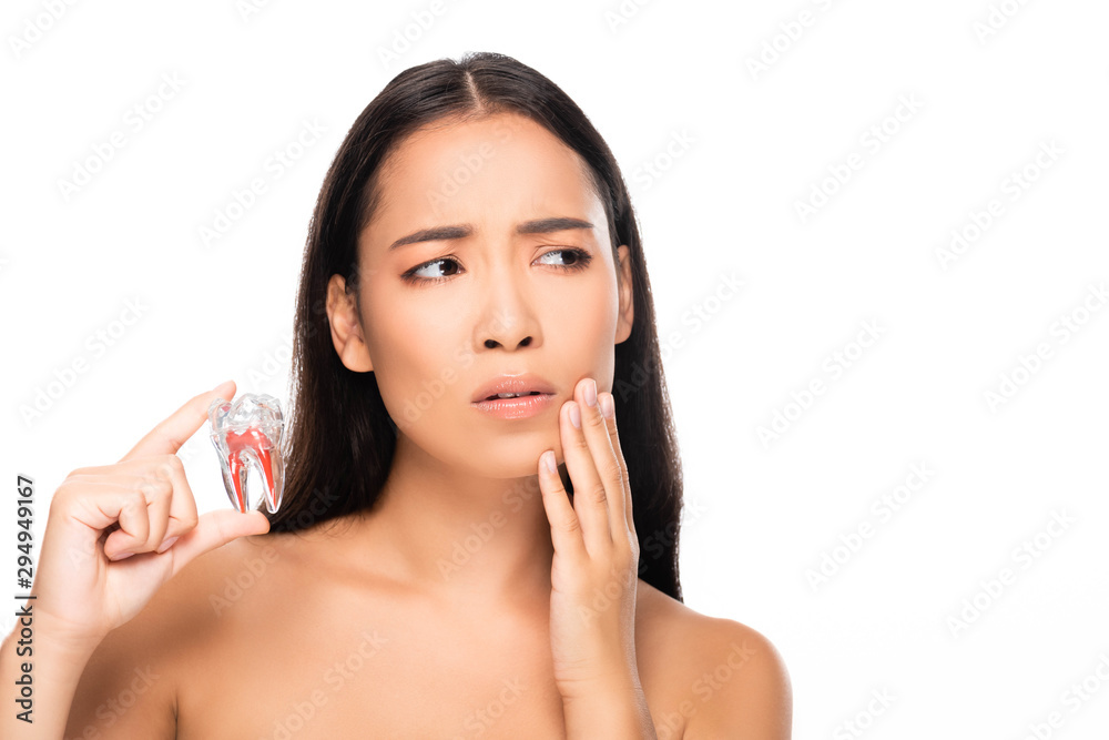 Sad Nude Woman With Toothache Holding Tooth Model Isolated On White Foto De Stock Adobe Stock