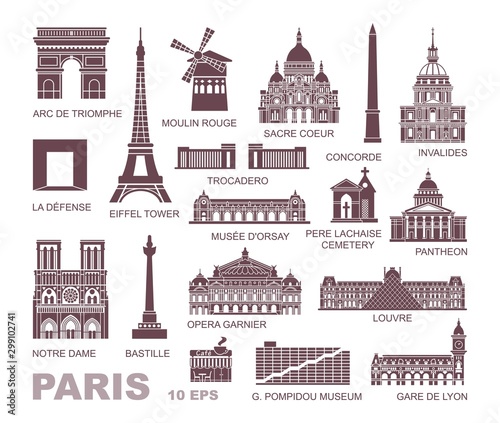 Architectural and historical sights of Paris. Set of high quality icons