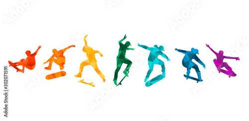Skate people silhouettes skateboarders colorful vector illustration background extreme skateboard, skateboarding	