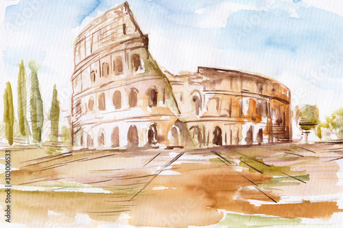 Obraz malowany ręcznie akwarelą przedstawiający koloseum w Rzymie