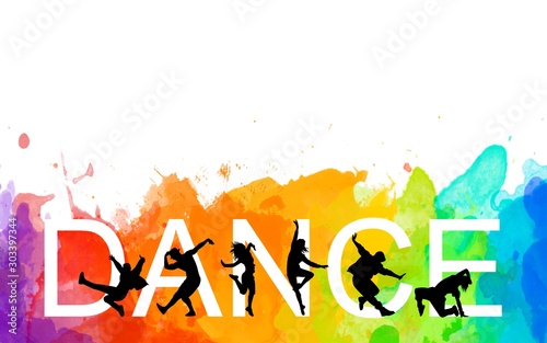 Detailed illustration silhouettes of expressive dance colorful group of  people dancing. Jazz funk, hip-hop, house dance. Dancer man jumping on white background. Happy celebration 