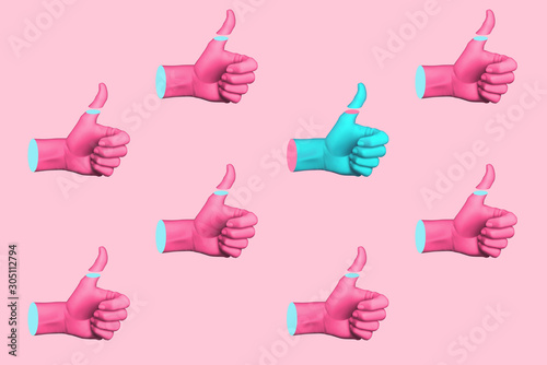 Contemporary art collage with hands showing thumbs up. Minimal art, 3d illustration.