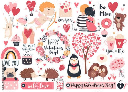 Valentine day set - cute cupid, rabbit, bear, hedgehog, wreath and hearts.  Perfect for scrapbooking, greeting card, party invitation, poster, tag, sticker kit. Vector illustration.