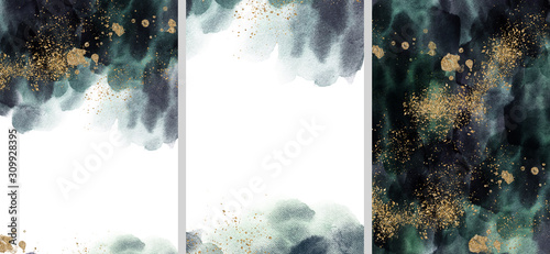 Pre made templates collection, frame - gold, dark, navy, purple, emerald textures backgrounds. Wedding concept. Floral poster, invite. Greeting card, invitation design background, birthday party.