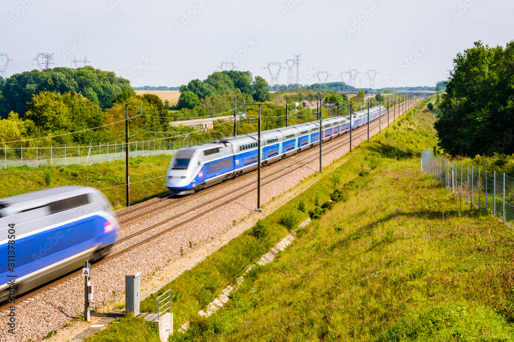 Moisenay France August Two Tgv Duplex High Speed Trains In