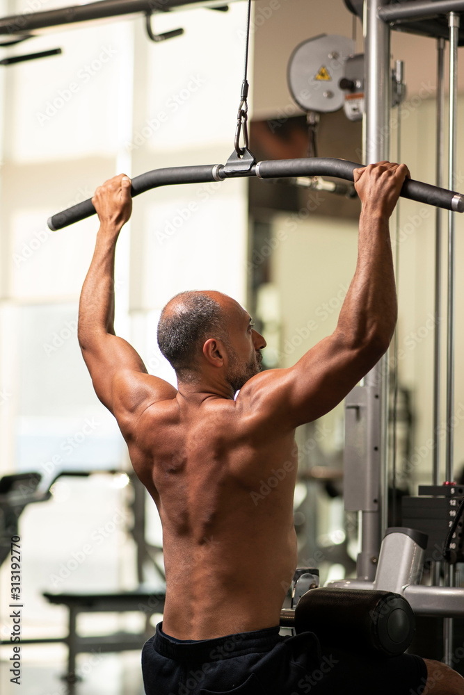 Muscular Shirtless Mature Older Bodybuilding Athlete With Balding Gray