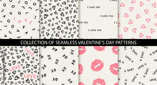 Set of 8 elegant seamless patterns with hand drawn decorative hearts, design elements. Romantic patterns for wedding invitations, greeting cards, scrapbooking, print, gift wrap. Valentines day