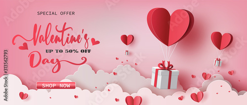 Gift boxes with heart balloon floating it the sky, Happy Valentine's Day banners, paper art style.
