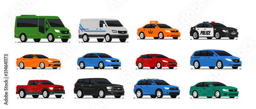 Car icons collection. Vector illustration in flat style. Urban, city cars and vehicles transport concept. Isolated on white background. Set of of different models of cars
