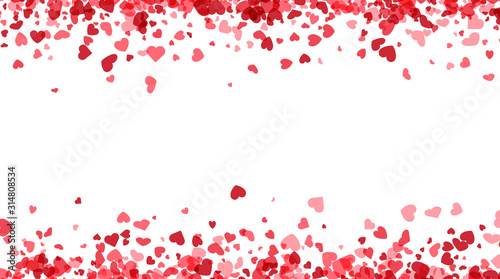 Love valentine's background with pink falling hearts over white.