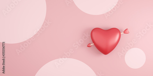 Red heart and cupid arrow on pink polka dots background with valentine day festival. Romantic heart for wedding decoration party style. 3D rendering.