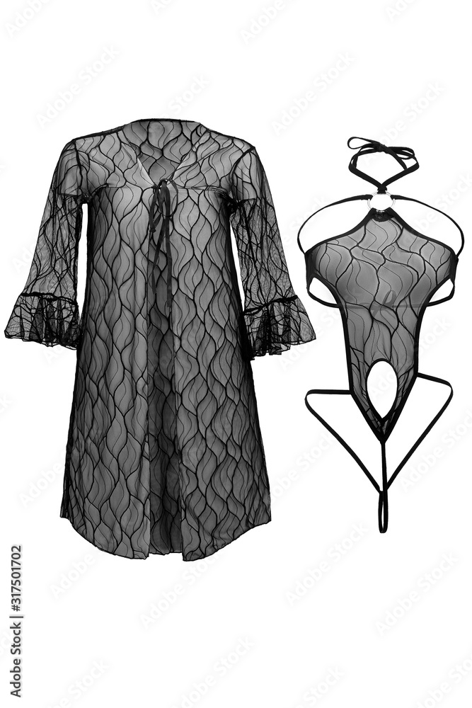 Subject Shot Of Black Lace Lingerie Set Consists Of A Nightgown With Ties And A Skimpy Bodysuit