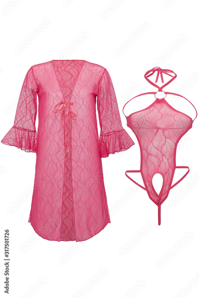 Subject Shot Of Pink Lace Lingerie Set Consists Of A Nightgown With Ties And A Skimpy Bodysuit