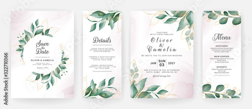Wedding invitation card template set with watercolor gold leaves decoration. Floral background for save the date, greeting, menu, details, poster, cover, etc. Botanic illustration vector