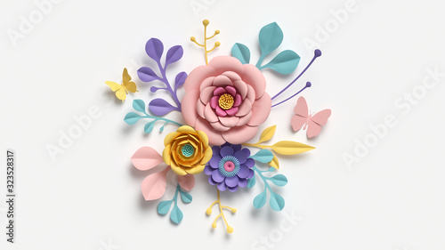 3d render, abstract cut paper flowers isolated on white, botanical background, festive floral arrangement. Rose, daisy, dahlia, butterfly and leaves in pastel color palette. Simple modern wall decor