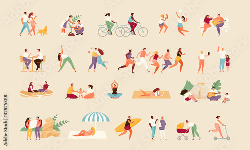 Large collection of summer active people. Recreation and outdoor sports vector illustration