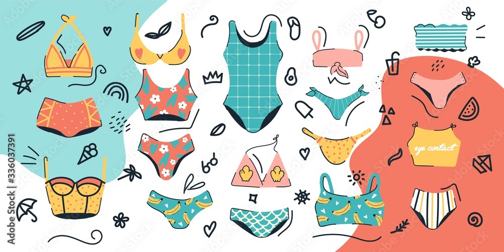 Lingerie And Swimsuits Vector Stickers Set Various Types Of Woman Beach Fashion Clothes