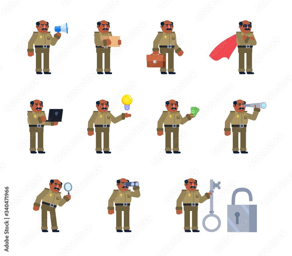 Set Of Policeman Characters Showing Various Actions Old Indian Police