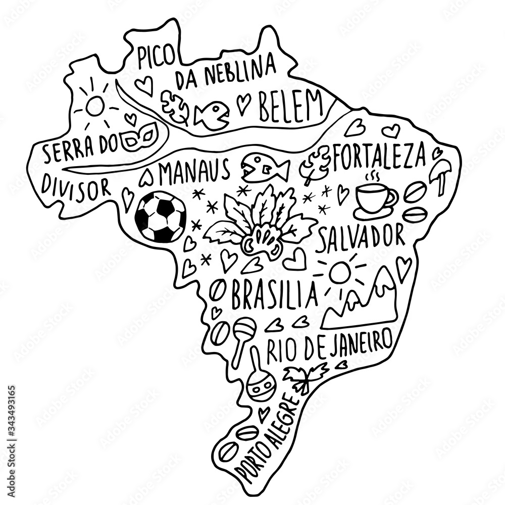 Hand Drawn Doodle Brazil Brasilia Map Brazilian City Names Lettering