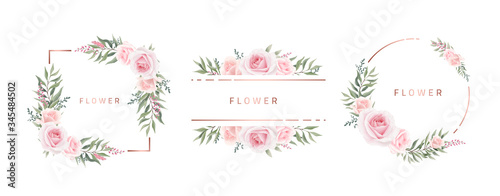 Watercolor flower frame Rose Eucalyptus. Template wedding invitation card. Rose metallic frame.