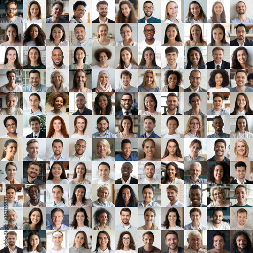 Lot of happy multiracial people looking at camera in square collage mosaic. Many smiling multiethnic faces of young and old diverse ethnic business people group headshots. Hr, staff, society concept.