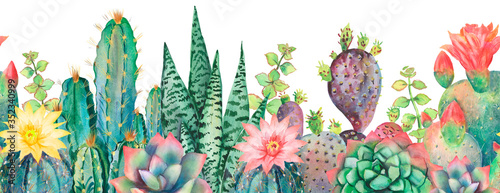 Watercolor seamless border cactus pattern.