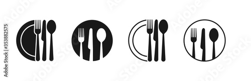 Set of fork, knife, spoon. Logotype menu. Set in flat style. Silhouette of cutlery. Vector illustration