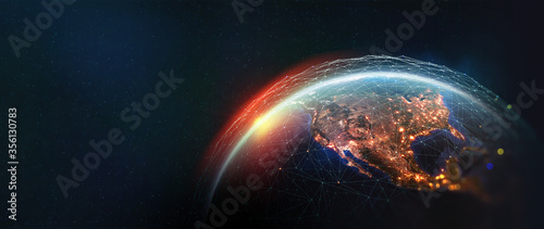 Earth view from space. Global network. Blockchain technology. Planet and communication. Future world 3D illustration. Elements of this image are furnished by NASA
