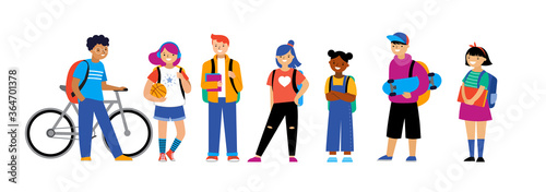 Back to school background, diversity concept for children - schoolboys and schoolgirls of different ethnicities standing together