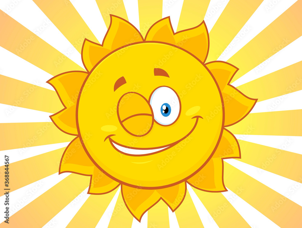 Winking Yellow Sun Cartoon Character Raster Illustration With