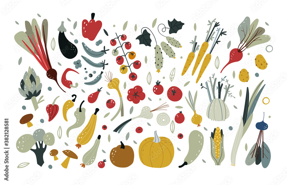 Fresh Vegetables Set Vegetarian Food Hand Drawn Vector Doodle