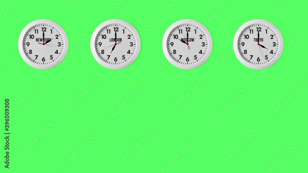 Seamless Looping Animation With Four Timezone Clocks Showing Different