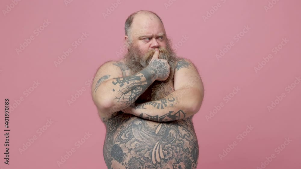 Confused Puzzled Fat Pudge Obese Chubby Overweight Bearded Man Has Tattooed Naked Bare Big Belly